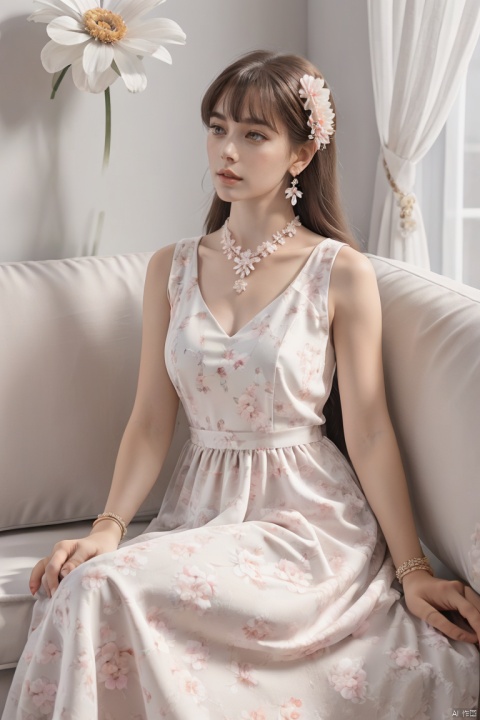 1girl, solo, long hair, bangs, brown hair, hair ornament, dress, brown eyes, jewelry, sitting, full body, flower, earrings, sleeveless, indoors, hair flower, white dress, bracelet, lips, pillow, sleeveless dress, looking away, floral print, own hands together, white flower, couch, pink flower, realistic, long dress, cushion, vase, hands on lap