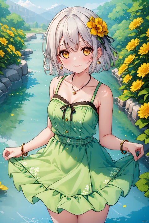 1girl, solo, breasts, looking at viewer, blush, smile, short hair, bangs, hair ornament, dress, bare shoulders, jewelry, closed mouth, standing, collarbone, yellow eyes, flower, white hair, cowboy shot, earrings, small breasts, outdoors, wings, sleeveless, hair flower, bracelet, tree, sleeveless dress, green dress, yellow flower, skirt hold