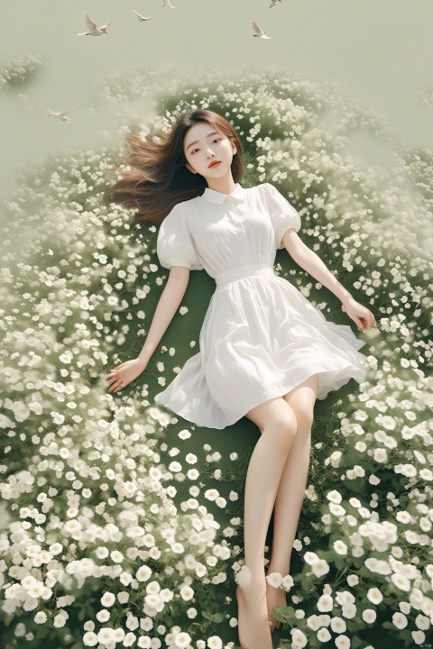  (official art, 8k wallpaper, ultra detailed, High quality, best quality),white flowers ,1girl,from above,bird's-eye_view,vintage filter,among flowers, backlight,limited_palette,white,field s of flowers, wmchahua, guofeng