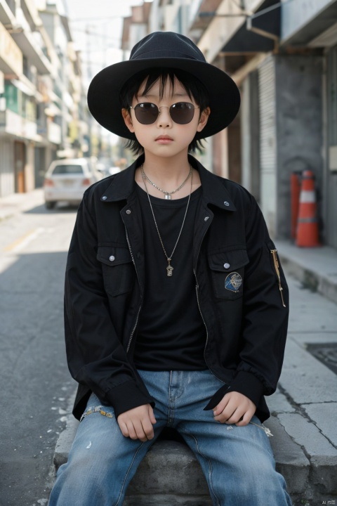 Real,photo,5-year-oldchild, solo, shirt, black hair, 1boy, hat, jewelry, sitting, jacket, male focus, outdoors, day, pants, necklace, blurry, sunglasses, ground vehicle, building, motor vehicle, realistic