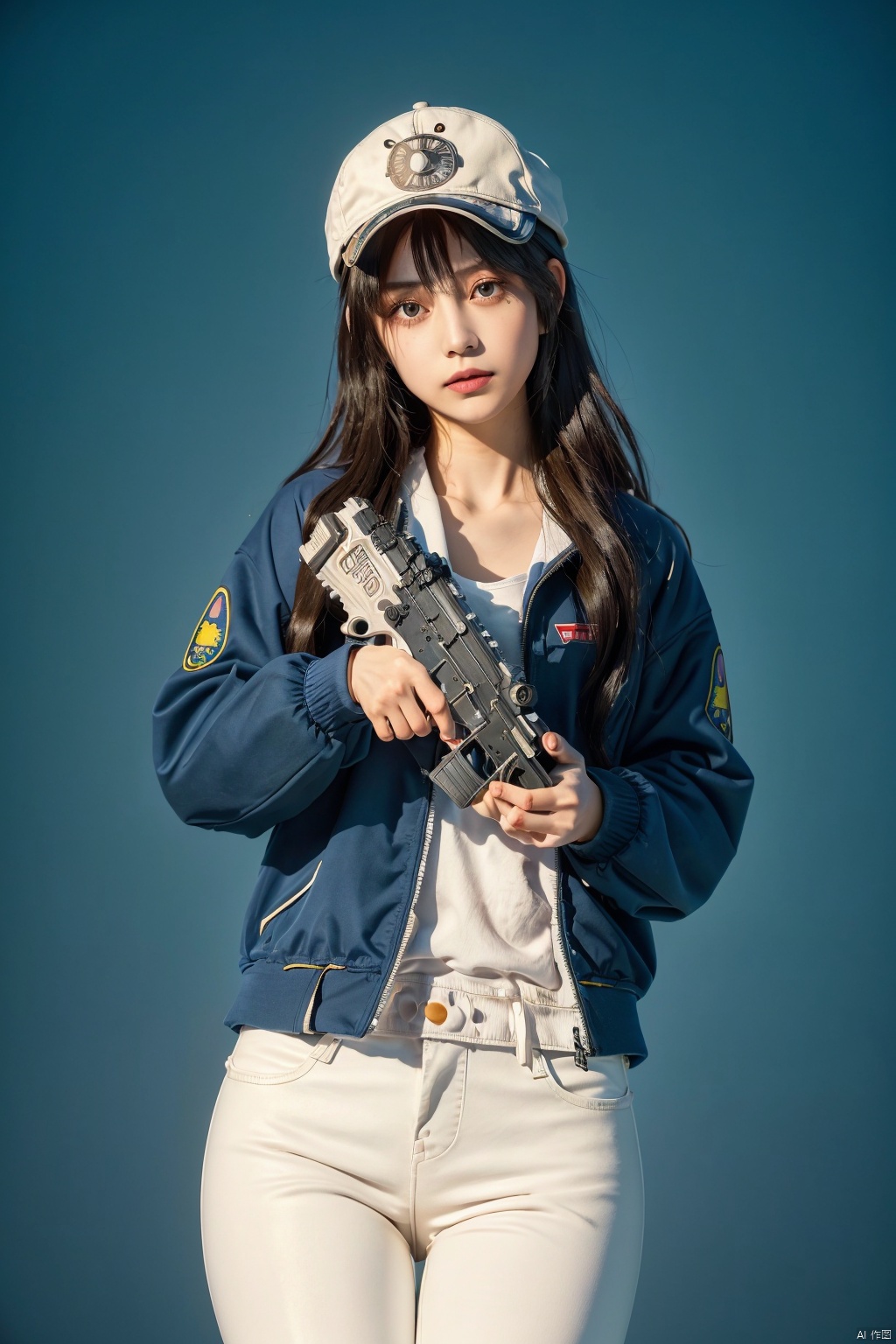  masterpiece , (best quality) , 1girl , solo , long hair ,black hair,jacket,cute ,asuna,hoodie , hat , white leggings , floating hair ornament, g2h, gun to head, (handgun:1.5), holding gun,fg2h, fingergun:1.5, (best quality) , (masterpiece) , beautiful eyes , (delicate face) , perfect detail , (best lighting) , (super complex details) , , ,,鏈烘灙鍏�