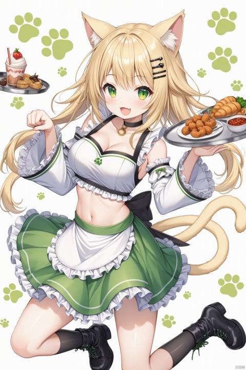 1girl, solo, long hair, breasts, looking at viewer, smile, open mouth, bangs, skirt, blonde hair, shirt, hair ornament, long sleeves, navel, holding, animal ears, cleavage, bare shoulders, medium breasts, green eyes, standing, tail, :d, boots, frills, detached sleeves, food, choker, socks, hairclip, fang, midriff, cat ears, miniskirt, wide sleeves, stomach, black footwear, apron, crop top, cat tail, black choker, leg up, standing on one leg, frilled skirt, cat girl, frilled sleeves, green skirt, white apron, tray, paw pose, holding tray, two tails