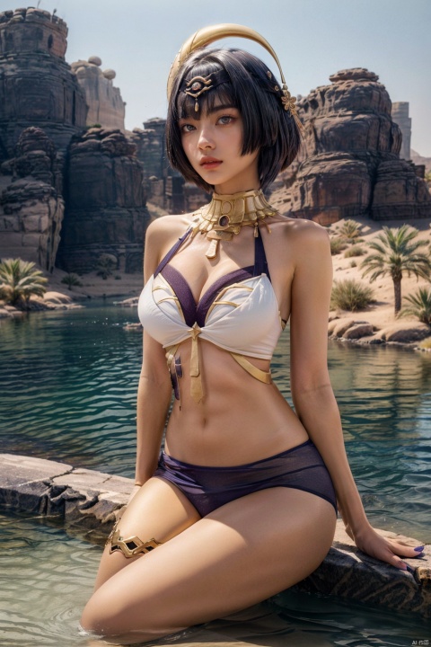  (masterpiece, best quality, best shadow,official art, correct body proportions, Ultra High Definition Picture),((best hands details)),
kandis, 1girl, dark skin, dark-skinned female, eye of horus, heterochromia, hair ornament,blue eye, yellow eye,sexy,huge breasts, sitting by water,
Desert Oasis Background, Ancient Egypt,lake