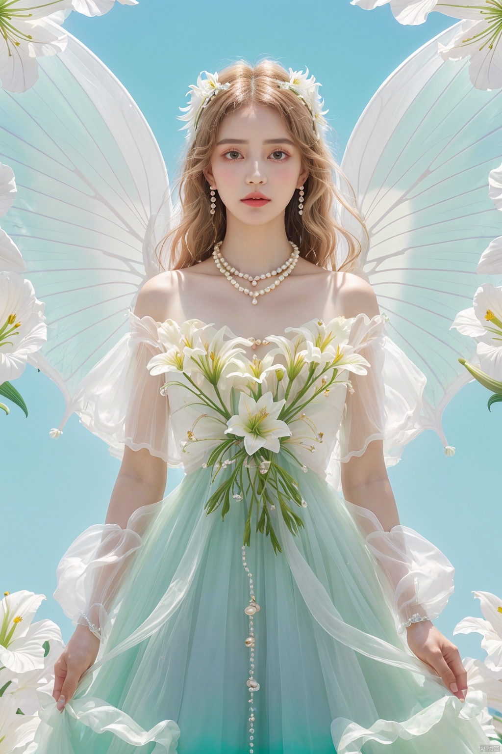 Quality, 8K, extremely intricate details, 1 girl, Lolita, gradient color, careful eyes, transparent wings, gradient art, in the flowers, (huge lily :1.1), sky, (White cloud :0.9), full lens, necklace, pearls and jewelry, 1 girl, flowing dress, light green dress, huge flowers, wide Angle, hdr