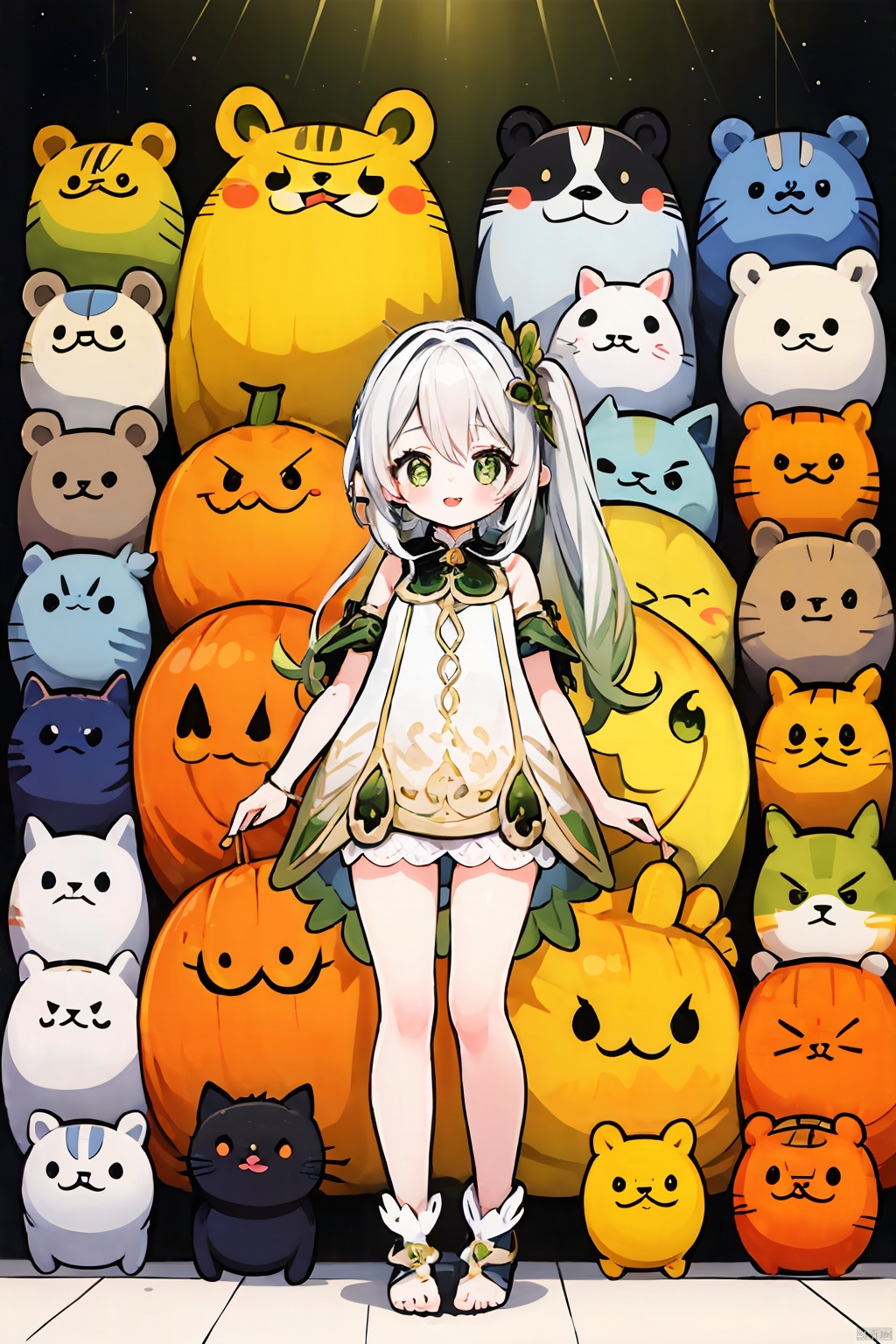 chick,too_many,stuffed_toy,stuffed_animal,stuffed_cat,:3,dog,hamster,teddy_bear,cat,ghost,bird,pokemon_\(creature\),kero,pumpkin,pikachu,jack-o'-lantern,bear,Kamado_Nezuko,WZRYbuzhihuowuYP,sailormoon,1girl,女帝,One piece, nahida