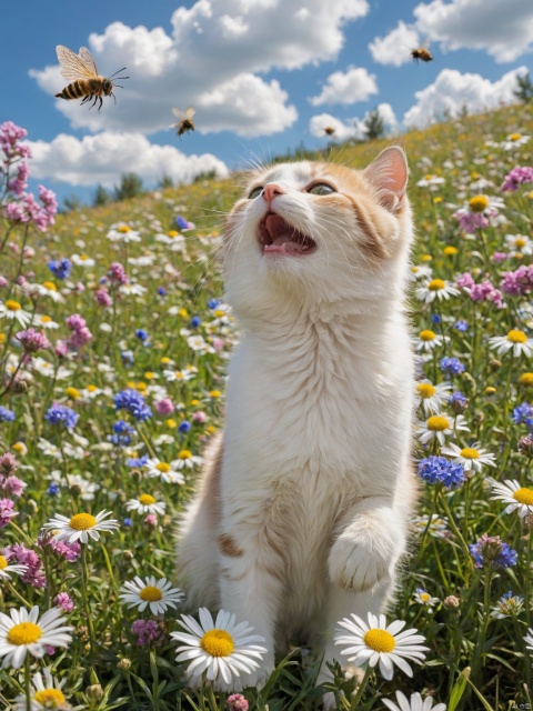 score_9, score_8_up, score_7_up, score_6_up, score_5_up, score_4_up,A mini kitten with bee wings is flying among the flowers, meadow flowers, clear blue sky, marshmallow-like white clouds, golden sunshine, photo, close-up,A cat the size of a bee