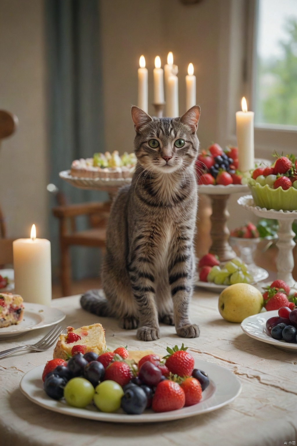  score_9, score_8_up, score_7_up, score_6_up, score_5_up, score_4_up,
food, indoors, blurry, no humans, fruit, depth of field, animal, table, cat, plate, cake, realistic, strawberry, candle, animal focus, grapes, food focus, blueberry