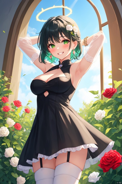 1girl, solo, breasts, looking at viewer, blush, smile, short hair, bangs, large breasts, black hair, hair ornament, thighhighs, long sleeves, dress, cleavage, bare shoulders, jewelry, green eyes, blue hair, standing, flower, multicolored hair, cowboy shot, earrings, parted lips, detached sleeves, sleeveless, indoors, hair flower, armpits, grin, black dress, arms up, bracelet, two-tone hair, white thighhighs, zettai ryouiki, see-through, window, sleeveless dress, rose, garter straps, halo, short dress, cleavage cutout, sunlight, plant, white flower, red flower, arms behind head, red rose, stairs, colored inner hair, bangle, potted plant, white rose