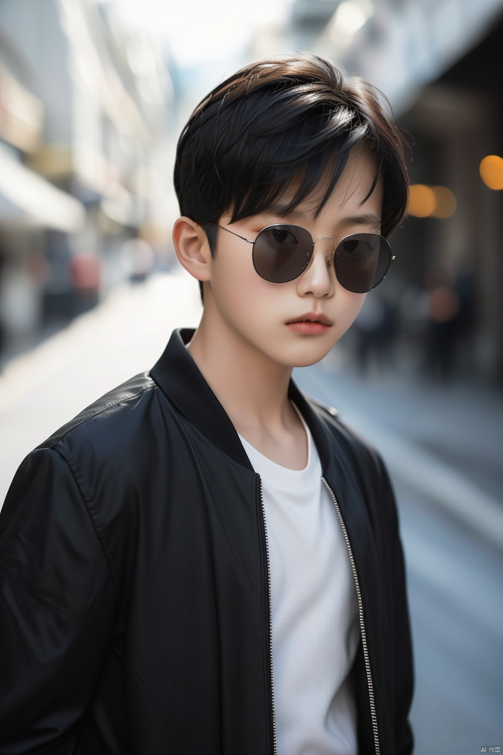  solo, looking at viewer, short hair, shirt, black hair, 1boy, closed mouth, jacket, white shirt, upper body, male focus, glasses, blurry, black eyes, black jacket, blurry background, sunglasses, realistic, print shirt