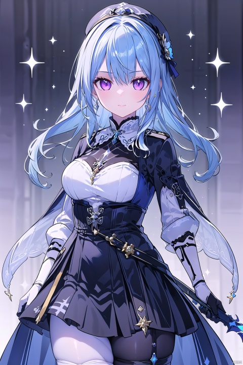  1girl, solo, long hair, breasts, looking at viewer, skirt, large breasts, gloves, hat, holding, jewelry, blue hair, purple eyes, weapon, pantyhose, earrings, sword, white gloves, black skirt, holding weapon, uniform, holding sword, sheath, unsheathing, jean (genshin impact)
