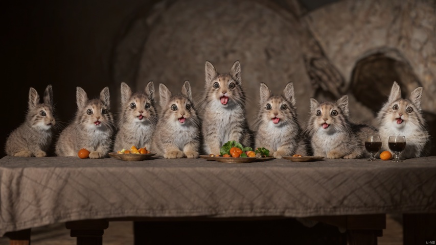  Da Vinci's famous painting "The Last Supper", the characters in the painting, replaced by anthropomorphic stuffed rabbit, digital accurate, real, photo, ultra HD, 16K, realistic, super wide Angle shooting,tusuncub with its mouth open, blurry, open mouth, fangs, photo background, looking at viewer, tongue, full body, solo, (cute and lovely:1.4), Beautiful and realistic eye details, perfect anatomy, (Nonsense:1.4), (pure background:1.4), Centered-Shot, realistic photo, photograph, 4k, hyper detailed, DSLR, 24 Megapixels, 8mm Lens, Full Frame, film grain, Global Illumination, (studio Lighting:1.4), Award Winning Photography, diffuse reflection, ray tracing