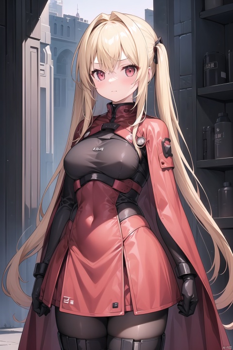  1girl, Future style gel coat, Future Combat Suit, armor, armored boots, red cape, blonde hair, bodysuit, boots, breasts, cloak, full body, long hair, looking at viewer, medium breasts, solo, standing, twintails,