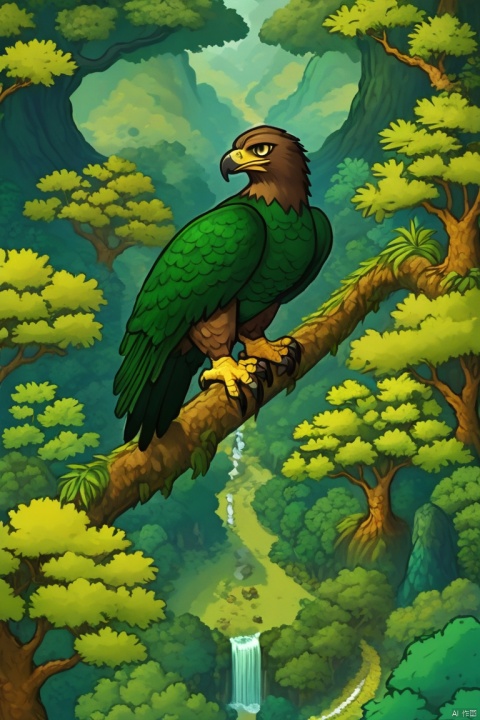  Emerald Serpent Eagle, A creature with the body of a serpent and the head and wings of an eagle. Its scales are a lush green, reminiscent of a dense, enchanted forest, and its eyes hold the wisdom of the ages., 2d game characters