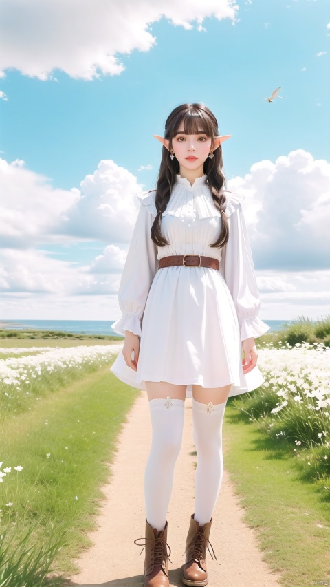  1girl, solo, long hair, looking at viewer, bangs, thighhighs, long sleeves, dress, twintails, jewelry, closed mouth, green eyes, standing, flower, ahoge, white hair, earrings, boots, outdoors, sky, pointy ears, belt, cloud, white dress, white thighhighs, parted bangs, petals, capelet, feet out of frame, bird, brown footwear, cloudy sky, white flower, elf, red nails, white capelet