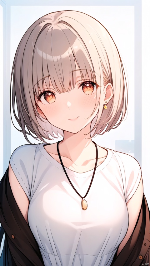 1girl, solo, looking at viewer, blush, smile, short hair, bangs, shirt, long sleeves, brown eyes, jewelry, closed mouth, jacket, upper body, flower, grey hair, open clothes, necklace, off shoulder, sweater, orange eyes, black shirt, blue background, cardigan, own hands together, white flower, striped background, cable knit