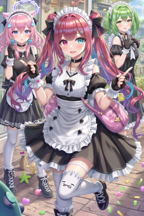 long hair, breasts, looking at viewer, blush, smile, bangs, blue eyes, multiple girls, skirt, shirt, black hair, hair ornament, red eyes, thighhighs, gloves, dress, bow, animal ears, bare shoulders, twintails, medium breasts, closed mouth, green eyes, standing, pink hair, ahoge, short sleeves, hair bow, heart, pantyhose, multicolored hair, small breasts, boots, frills, detached sleeves, one eye closed, green hair, wings, shorts, sleeveless, choker, black gloves, hairclip, puffy sleeves, virtual youtuber, cat ears, 3girls, blunt bangs, fingerless gloves, black skirt, bag, star \(symbol\), black footwear, black dress, two-tone hair, puffy short sleeves, streaked hair, wrist cuffs, torn clothes, maid headdress, black shirt, v, black bow, fake animal ears, garter straps, black choker, halo, black shorts, leg up, standing on one leg, backpack, frilled skirt, single thighhigh, heart hair ornament, randoseru, sandwiched, girl sandwich, heart ahoge