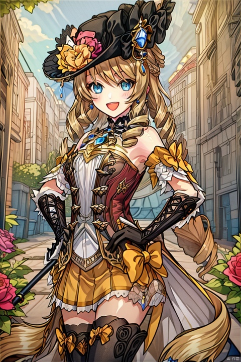 1girl, solo, long hair, breasts, looking at viewer, smile, open mouth, bangs, blue eyes, skirt, blonde hair, thighhighs, gloves, hat, dress, bow, holding, bare shoulders, jewelry, standing, flower, :d, earrings, small breasts, boots, detached sleeves, black gloves, elbow gloves, black thighhighs, zettai ryouiki, hand on hip, black headwear, strapless, rose, umbrella, thigh boots, drill hair, holding umbrella, hat flower, parasol, over shoulder