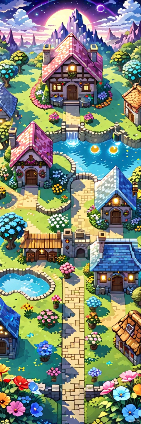  A vibrant, enchanted garden with a variety of magical flora glowing under the moonlight, with a quaint stone cottage in the background., illustration, 3d, cartoon,high resolution, high quality, detailed, masterpiece, hdr, sharp,[Pixel Art style],[ abbe bi style], amazing, beautiful, breathtaking, astonishing, brilliant, incredible,