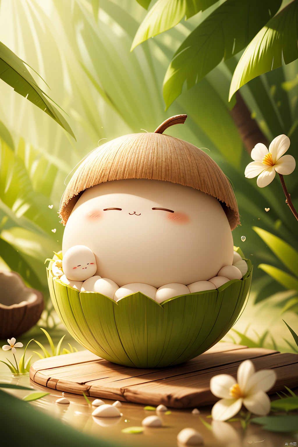 coconut,Coconut blind box,blush,closed eyes,dandelion,depth of field,flower,grass,hat,leaf,solo,sunlight,white flower