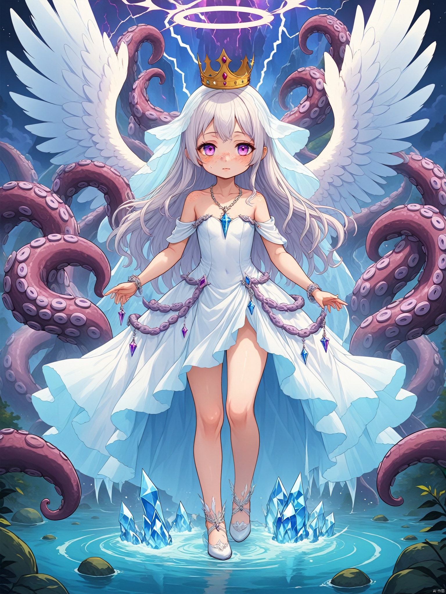 2d游戏角色Lori, petite, 1girl, dress, solo, white hair, princess, crown, halo, angel wings, tentacles, long hair, white and blue translucent crystal swan feather skirt, looking at the audience, crystal pendant, veil, face freckles, bare shoulders, heterochromatic eyes, mouth closed, standing, long dress, collarbone, angel, purple fire element, lightning, title, poster, masterpiece, best quality, high definition, 16k