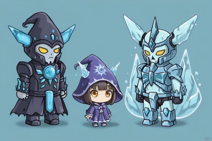  Three game characters, mecha-clad warrior, ice elemental mage, wizard, loli
