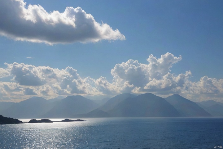  （blue sea）,white clouds, Sunshine, day, Mountains