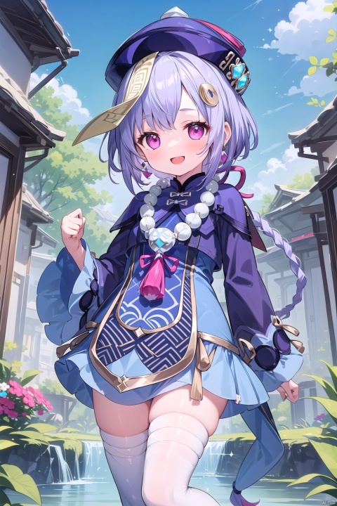  1girl, solo, long hair, looking at viewer, blush, smile, open mouth, bangs, hair ornament, thighhighs, long sleeves, hat, dress, jewelry, standing, purple eyes, purple hair, braid, :d, earrings, outdoors, wide sleeves, necklace, white thighhighs, sleeves past wrists, single braid, bandages, standing on one leg, beads, braided ponytail, lantern, ofuda, purple headwear, bandaged leg, jiangshi, bead necklace, qing guanmao, coin hair ornament, qiqi \(genshin impact\), qiqi (genshin impact)
