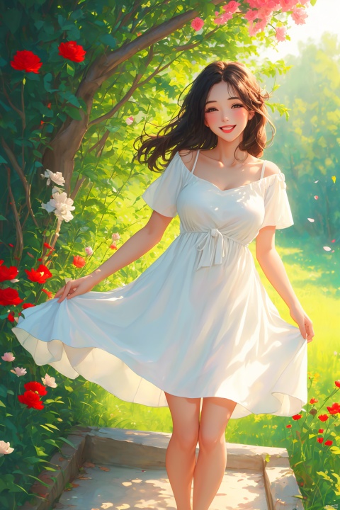 1girl, solo, long hair, breasts, looking at viewer, blush, smile, open mouth, brown hair, black hair, dress, brown eyes, medium breasts, standing, collarbone, flower, short sleeves, outdoors, parted lips, barefoot, white dress, tree, petals, bare legs, floating hair, leaf, standing on one leg, plant, red flower, stairs, yellow flower, skirt hold