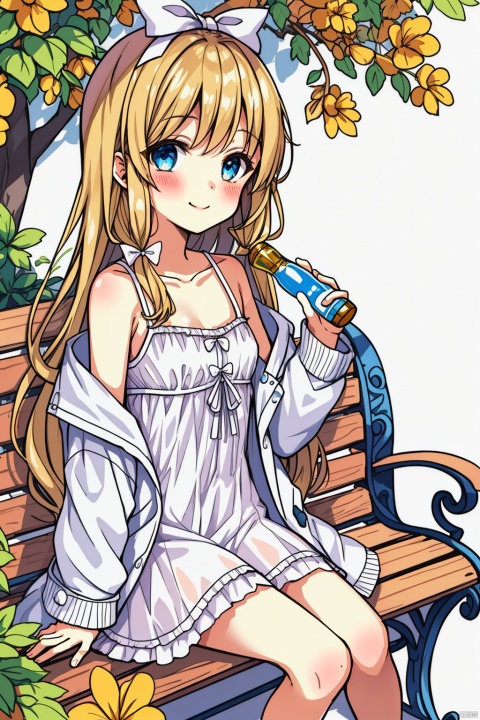 1girl, solo, long hair, looking at viewer, blush, smile, bangs, blue eyes, blonde hair, long sleeves, white background, dress, bow, holding, bare shoulders, sitting, very long hair, closed mouth, collarbone, jacket, hair bow, sidelocks, frills, food, open clothes, sleeveless, off shoulder, white dress, open jacket, sleeves past wrists, sleeveless dress, frilled dress, bottle, white bow, blue jacket, yellow flower, spaghetti strap, bench, holding bottle, on bench