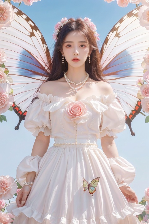  quality, 8K, extremely complex details, 1girl, lolita, careful eyes, looking_at_viewer, butterfly, gradient art, in the flower cluster, (rose:1.1), sky, (white cloud:0.9), full_shot, necklace, pearls andjewels, , 1girl, moyou, flowing skirts,Giant flowers,, Wide angle,hdr