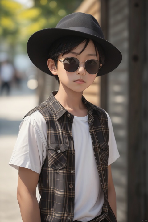  solo, looking at viewer, shirt, black hair, 1boy, hat, white shirt, upper body, short sleeves, male focus, outdoors, day, blurry, plaid, blurry background, sunglasses, realistic, plaid shirt