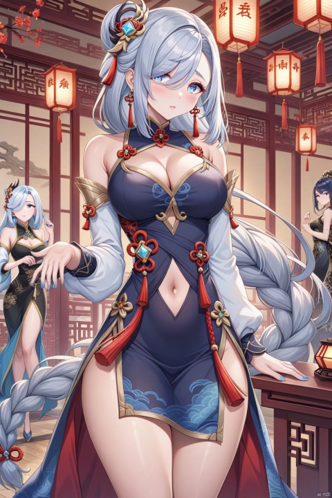 long hair, breasts, looking at viewer, blush, bangs, blue eyes, multiple girls, large breasts, hair ornament, long sleeves, dress, 2girls, cleavage, bare shoulders, jewelry, very long hair, standing, braid, grey hair, thighs, earrings, parted lips, detached sleeves, solo focus, alternate costume, indoors, nail polish, hair over one eye, black dress, covered navel, chinese clothes, tassel, blue nails, braided ponytail, lantern, tassel earrings, shenhe \(genshin impact\)