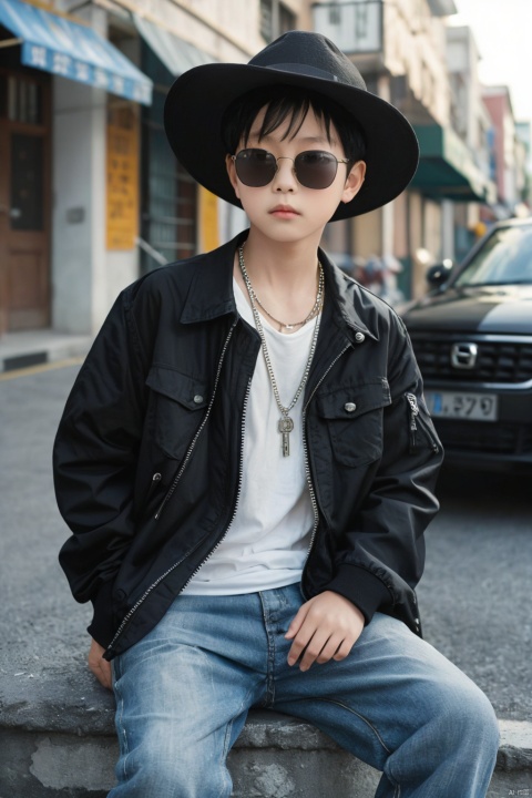 Real,photo,5-year-oldchild, solo, shirt, black hair, 1boy, hat, jewelry, sitting, jacket, male focus, outdoors, day, pants, necklace, blurry, sunglasses, ground vehicle, building, motor vehicle, realistic