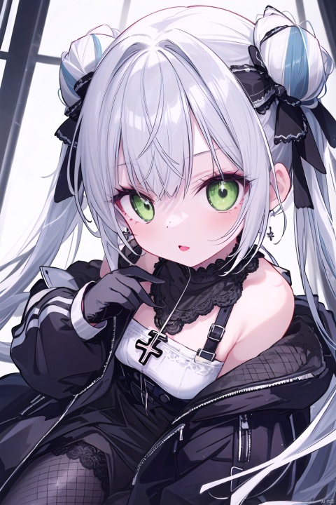  masterpiece, best quality, 1girl, solo, long hair, twin tails, hair buns, multicolored hair, two-tone hair, white hair, green hair, black hair, bangs, makeup, black lips, lipstick, mascara, eyeshadow, cross necklace, hair bow, front bow, lace jacket, lace gloves, fishnets, black leggings, gothic attire, dynamic angle, side lighting, shiny skin, detailed eyes, detailed face