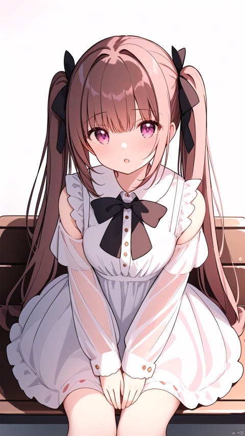 1girl, solo, long hair, looking at viewer, blush, bangs, brown hair, long sleeves, dress, bow, ribbon, holding, bare shoulders, twintails, brown eyes, sitting, very long hair, purple eyes, hair ribbon, flower, hair bow, frills, parted lips, puffy sleeves, off shoulder, white dress, see-through, hands up, black ribbon, black bow, rose, stuffed toy, frilled dress, stuffed animal, white flower, red flower, pink flower, puffy long sleeves, teddy bear, off-shoulder dress, bench, see-through sleeves, on bench