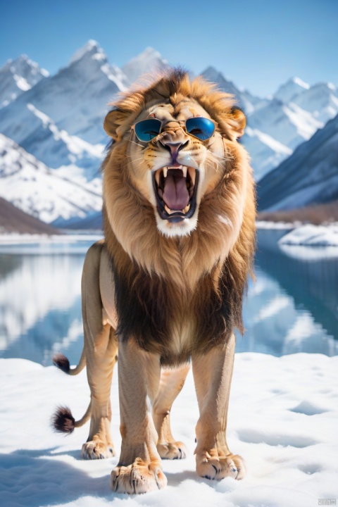  A lion with sunglasses, showing a hilarious expression of astonishment and laughter, standing in a snowy wilderness. The majestic creature is framed by snow-covered mountains and a pristine frozen lake reflecting the bright blue sky. With a slight motion blur, the lion's regal stance captivates the viewer, creating a humorous and enchanting scene.