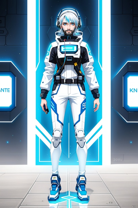  Boy, single, short hair, (blue eyes :1.2), full body, (white hair :1.2), Armor, Sci-fi, Holographic, HD, 32k, Wind, 20 years old, Sunshine, Teen, outgoing, lively, Headshot, white space suit, Cyberpunk,Keyboard, mouse, graphics card, console, gamepad,Headphone, Face marker, pointing, realistic, Nose, pilot suit, beard pen, face paint, mechanical core, (graphics card fan :1.2), mechanical leg, graphics card promotional figure, male image