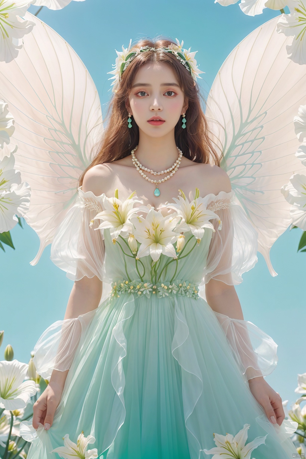 Quality, 8K, extremely intricate details, 1 girl, Lolita, gradient color, careful eyes, transparent wings, gradient art, in the flowers, (huge lily :1.1), sky, (White cloud :0.9), full lens, necklace, pearls and jewelry, 1 girl, flowing dress, light green dress, huge flowers, wide Angle, hdr