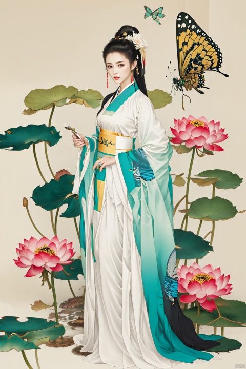  1girl, solo, long hair, black hair, hair ornament, long sleeves, dress, holding, jewelry, closed mouth, standing, full body, flower, earrings, hair flower, wide sleeves, white dress, sash, chinese clothes, bug, butterfly, shawl, forehead mark, lotus, hanfu