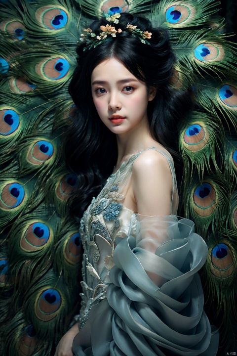  sdmai,Peacock style, 1girl, solo, flower, black hair, long hair, looking at viewer, realistic, hair flower, dress, hair ornament, lips,真实