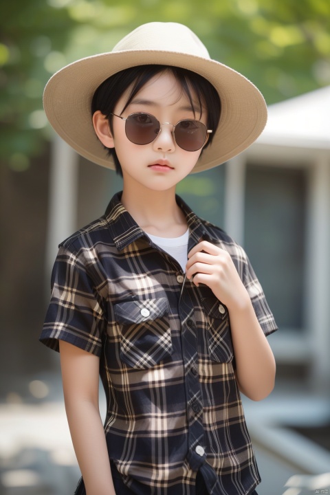  solo, looking at viewer, shirt, black hair, 1boy, hat, white shirt, upper body, short sleeves, male focus, outdoors, day, blurry, plaid, blurry background, sunglasses, realistic, plaid shirt, 1girl