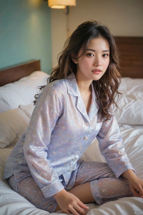  score_9, score_8_up, score_7_up, score_6_up, score_5_up, score_4_up, Hong Kong girl, translucent, pajamas, bed, hotel, bust photo, photo, best picture quality, multi-effect, HD, real,wavy hair