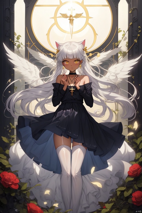  {masterpiece},white hair,yellow eyes,aqua eyes,looking up,stockings,dark skin,long hair,hime cut,messy hair,floating hair,demon wings,halo,cross necklace,holy,divinity,shine,holy light,cat girl,(loli),(petite),solo,cozy anime,houtufeng,letterboxed,1 girl,2Dconceptualdesign
负向提示