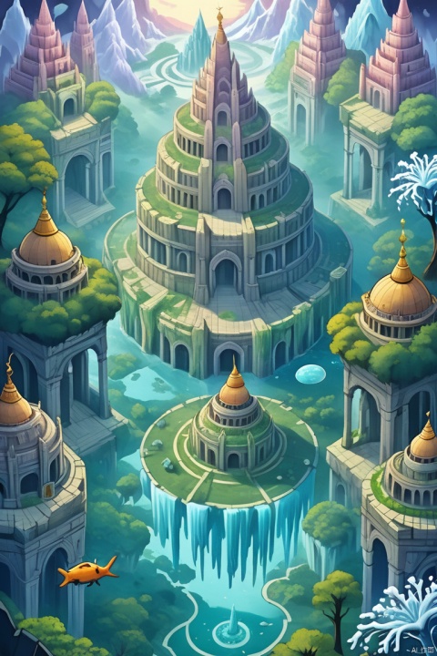 A once-great palace, now in ruins, lies frozen beneath the ice, its crumbling towers a testament to the power of nature. The scene depicts a surreal landscape, filled with otherworldly creatures and plants that radiate an ethereal glow. The atmosphere is peaceful and serene, as if the palace is a sanctuary from the chaos of the world outside.
