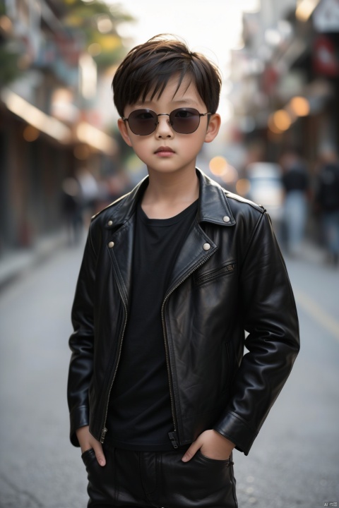 Photo, 10 year old child, single, looking at the audience, short hair, blonde hair, shirt, long sleeve, 1boy, Closed mouth, Standing, Jacket, Male Focus, Cowboy shot, Outdoor, pants, blur, Open Jacket, Black Jacket, black shirt, Depth of Field, Blur Background, Black pants, Sunglasses, Realistic, hands in pockets, leather, Bokeh, Leather jacket, Professional photography, real,