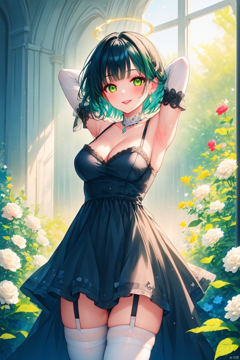 1girl, solo, breasts, looking at viewer, blush, smile, short hair, bangs, large breasts, black hair, hair ornament, thighhighs, dress, cleavage, bare shoulders, jewelry, medium breasts, green eyes, blue hair, standing, flower, multicolored hair, cowboy shot, earrings, parted lips, detached sleeves, indoors, hair flower, blunt bangs, armpits, black dress, arms up, bracelet, white thighhighs, window, rose, garter straps, halo, plant, white flower, red flower, arms behind head, stairs, colored inner hair