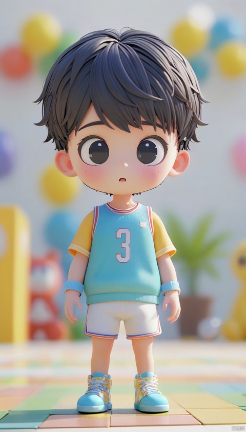  Asian Youth's illustration,（ David is a 20 year old male, black hair, blue basketball top, white basketball shorts, sports sweatband on forehead, ）small black eyes, no glasses, white blackground, hd mod, glowwave, simple, 3d, blender, oc render, in by pop mart, blind box toy, hyper detail, c4d, 8k