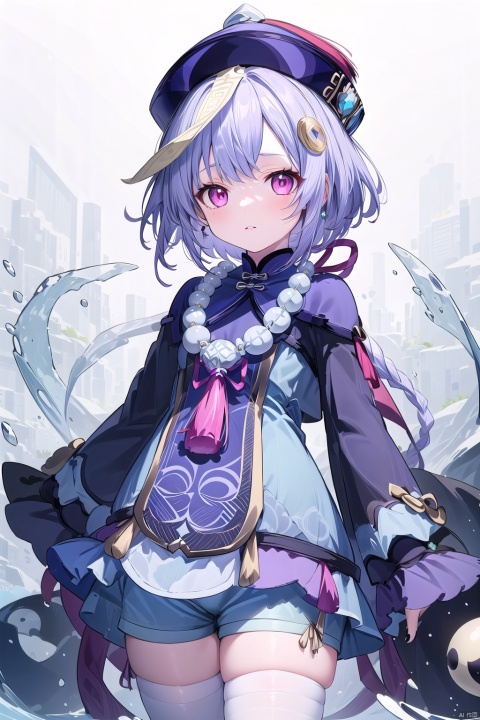 1girl, solo, long hair, looking at viewer, bangs, hair ornament, thighhighs, long sleeves, hat, white background, holding, jewelry, purple eyes, purple hair, braid, shorts, wide sleeves, necklace, nail polish, white thighhighs, single braid, chinese clothes, black nails, beads, braided ponytail, ofuda, vision \(genshin impact\), yin yang, jiangshi, bead necklace, orb, qing guanmao, talisman, coin hair ornament, qiqi \(genshin impact\), qiqi (genshin impact), masterpiece
