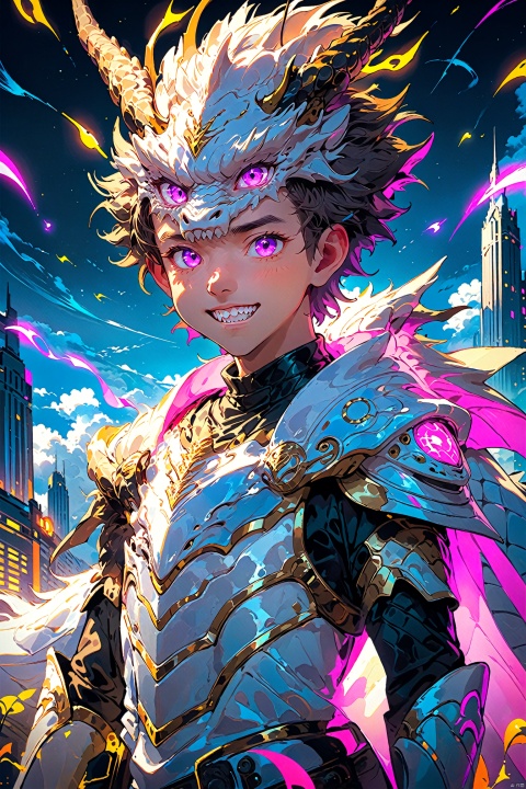  the poster of the anime character with an horned head, in the style of neon lights, futurism, handsome, i can't believe how beautiful this is, 2d game art, white, fantasy characters, Anime style, mlonggwang
solo, 1boy, purple eyes, male focus, outdoors, sky, teeth, armor, no humans, glowing, sharp teeth, building, science fiction, monster, city, dragon, lbbao