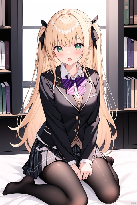  1girl, solo, long hair, breasts, looking at viewer, blush, open mouth, bangs, skirt, blonde hair, shirt, long sleeves, bow, ribbon, sitting, school uniform, green eyes, jacket, full body, hair ribbon, white shirt, pantyhose, pleated skirt, collared shirt, indoors, bowtie, two side up, black jacket, book, plaid, black pantyhose, window, black ribbon, plaid skirt, wariza, no shoes, stuffed toy, blazer, between legs, purple skirt, bookshelf